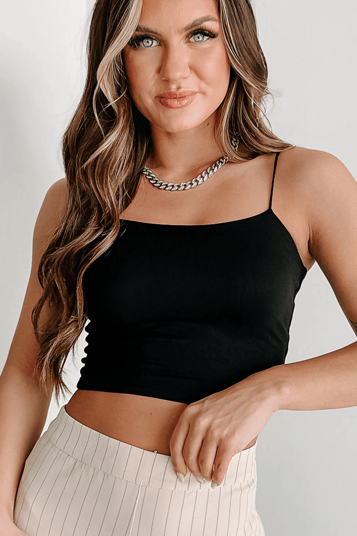 Black Spaghetti Strap Skinny Fit Cropped Tank Top - Fashion Queen -  5