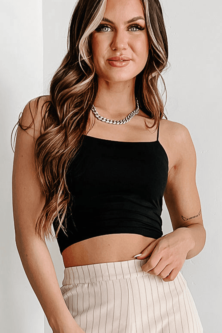 Black Spaghetti Strap Skinny Fit Cropped Tank Top - Fashion Queen -  7