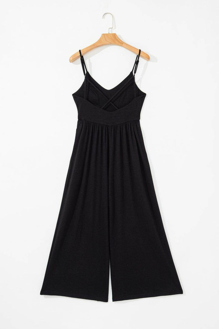Black Spaghetti Straps Open Back Pleated Wide Leg Jumpsuit - Fashion Queen -  11