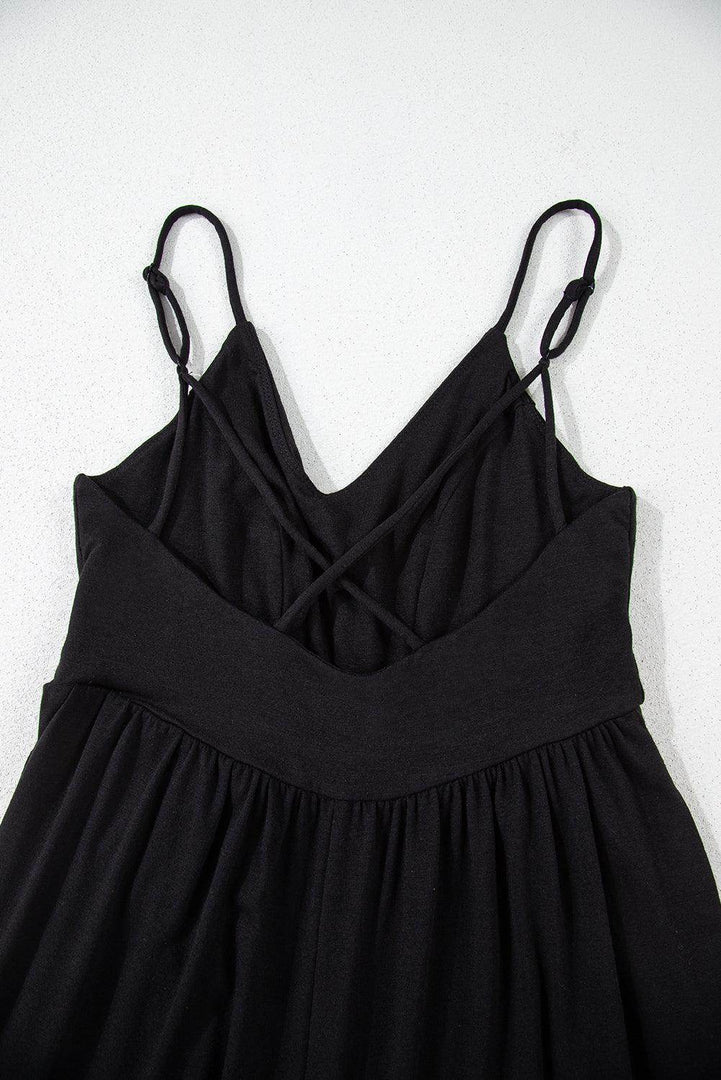 Black Spaghetti Straps Open Back Pleated Wide Leg Jumpsuit - Fashion Queen -  13