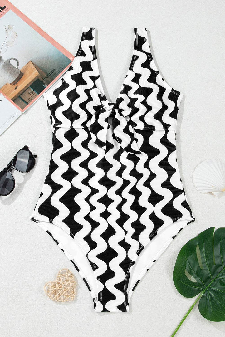 Black Stripe Bowknot Ricrac Print V Neck Low Back Cut One Piece Swimsuit - Fashion Queen -  12