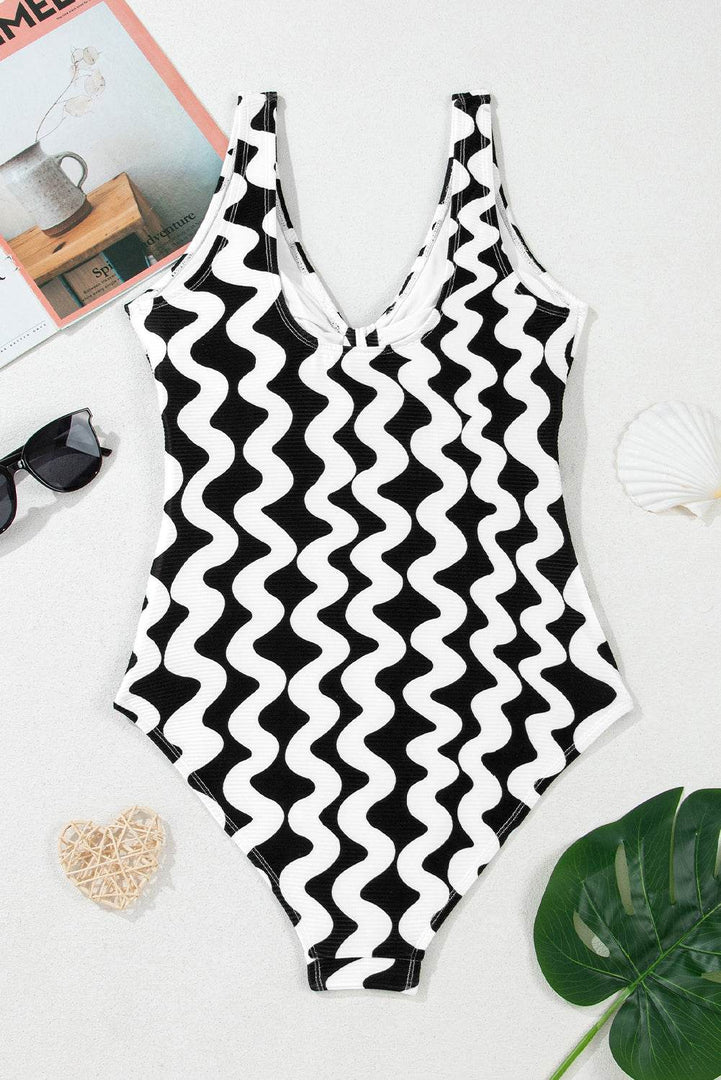 Black Stripe Bowknot Ricrac Print V Neck Low Back Cut One Piece Swimsuit - Fashion Queen -  13