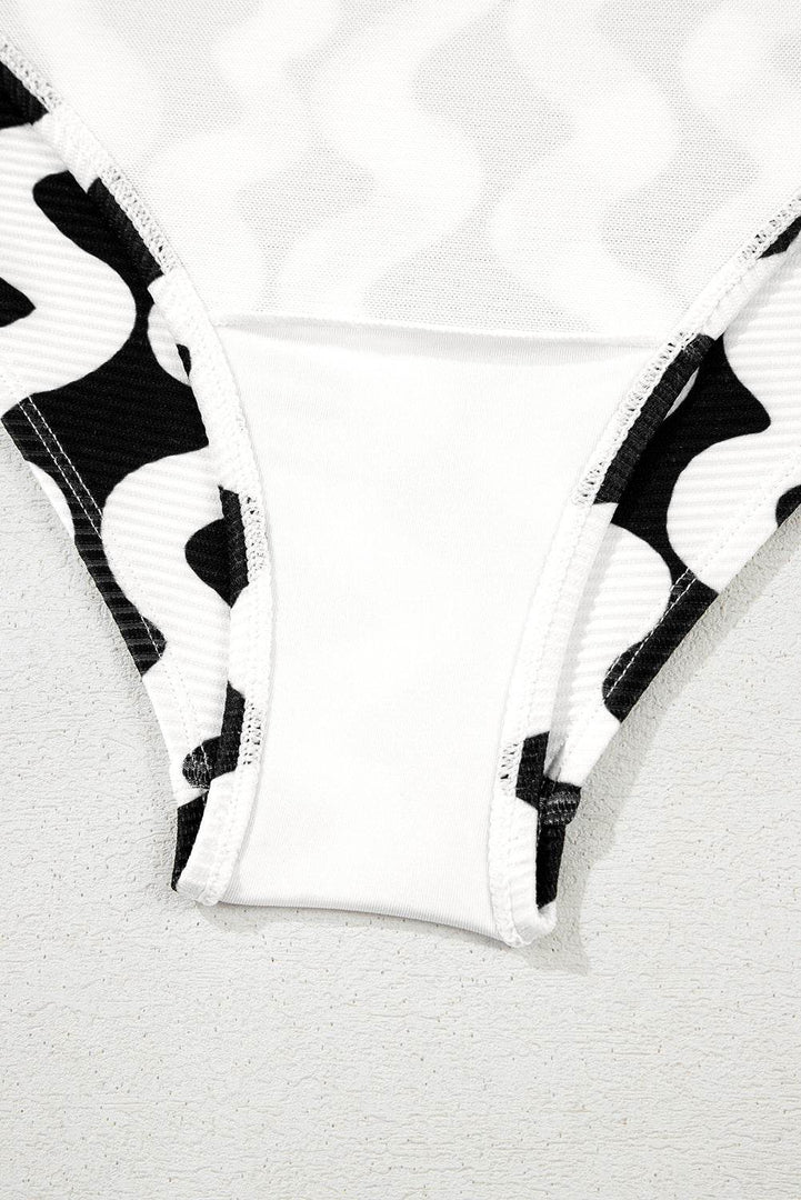 Black Stripe Bowknot Ricrac Print V Neck Low Back Cut One Piece Swimsuit - Fashion Queen -  14