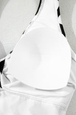 Load image into Gallery viewer, Black Stripe Bowknot Ricrac Print V Neck Low Back Cut One Piece Swimsuit - Fashion Queen -  15
