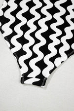Load image into Gallery viewer, Black Stripe Bowknot Ricrac Print V Neck Low Back Cut One Piece Swimsuit - Fashion Queen -  17
