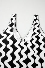 Load image into Gallery viewer, Black Stripe Bowknot Ricrac Print V Neck Low Back Cut One Piece Swimsuit - Fashion Queen -  18
