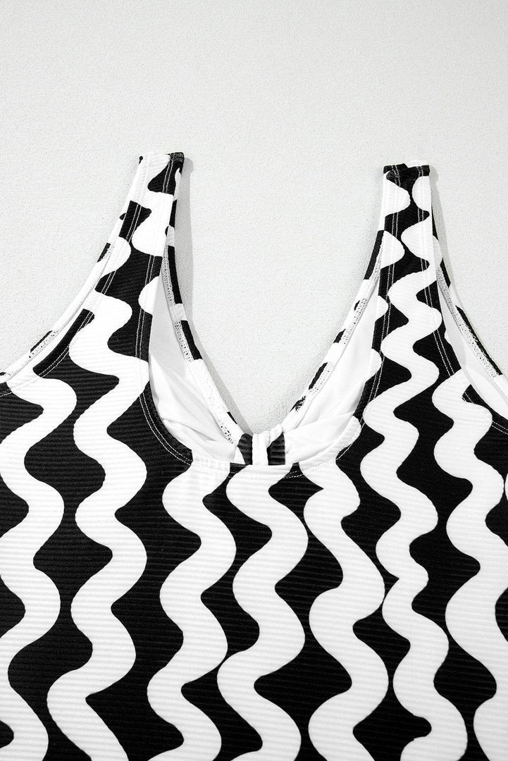 Black Stripe Bowknot Ricrac Print V Neck Low Back Cut One Piece Swimsuit - Fashion Queen -  18