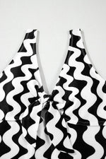 Load image into Gallery viewer, Black Stripe Bowknot Ricrac Print V Neck Low Back Cut One Piece Swimsuit - Fashion Queen -  19
