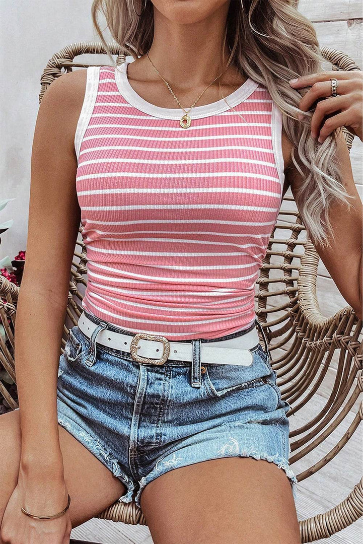Black Stripe Contrast Round Neck Sleeveless Slim Top - Fashion Queen -  19