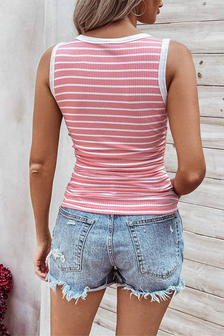 Black Stripe Contrast Round Neck Sleeveless Slim Top - Fashion Queen -  20
