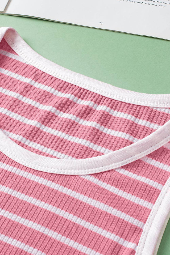 Black Stripe Contrast Round Neck Sleeveless Slim Top - Fashion Queen -  24