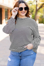 Black Stripe Drop Shoulder Puff Long Sleeve O Neck Plus Size T Shirt - Fashion Queen -  1
