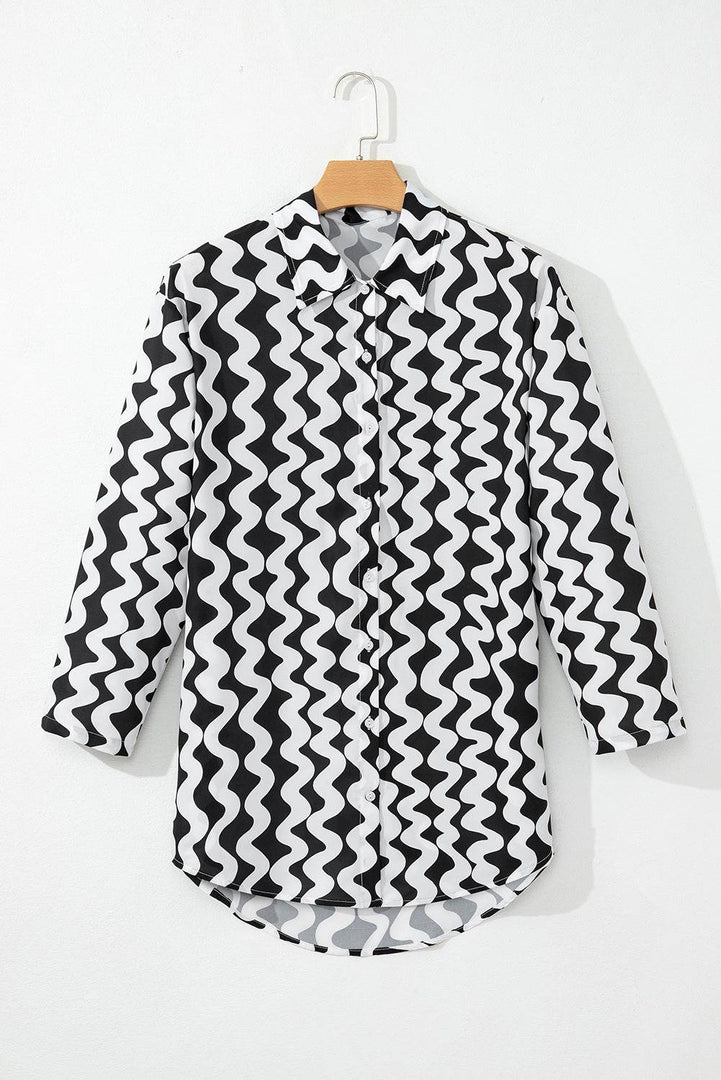 Black Stripe Print Loose Fit Open Front Beach Cover Up - Fashion Queen -  12