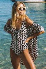 Load image into Gallery viewer, Black Stripe Print Loose Fit Open Front Beach Cover Up - Fashion Queen -  3
