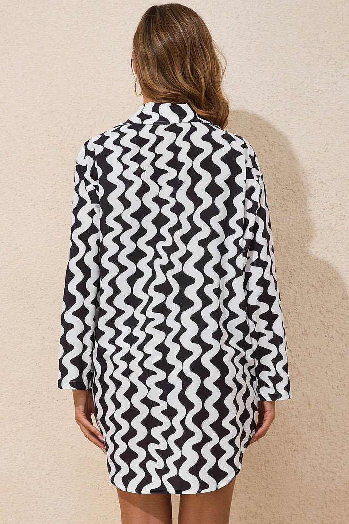Black Stripe Print Loose Fit Open Front Beach Cover Up - Fashion Queen -  5