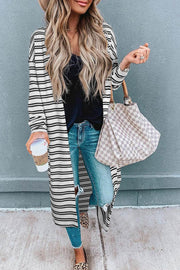 Black Stripe Print Open Front Duster Cardigan - Fashion Queen -  1