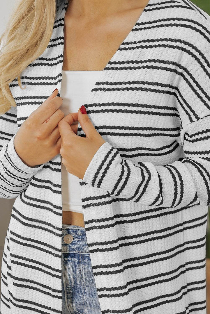 Black Stripe Print Open Front Duster Cardigan - Fashion Queen -  11