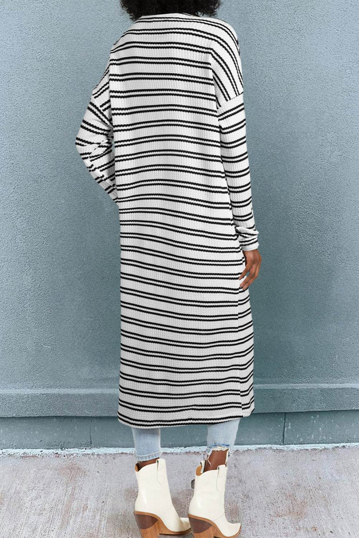 Black Stripe Print Open Front Duster Cardigan - Fashion Queen -  2