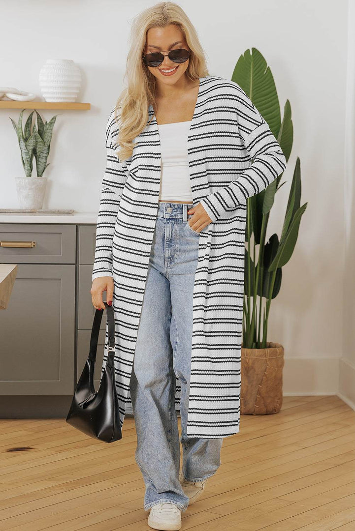Black Stripe Print Open Front Duster Cardigan - Fashion Queen -  4