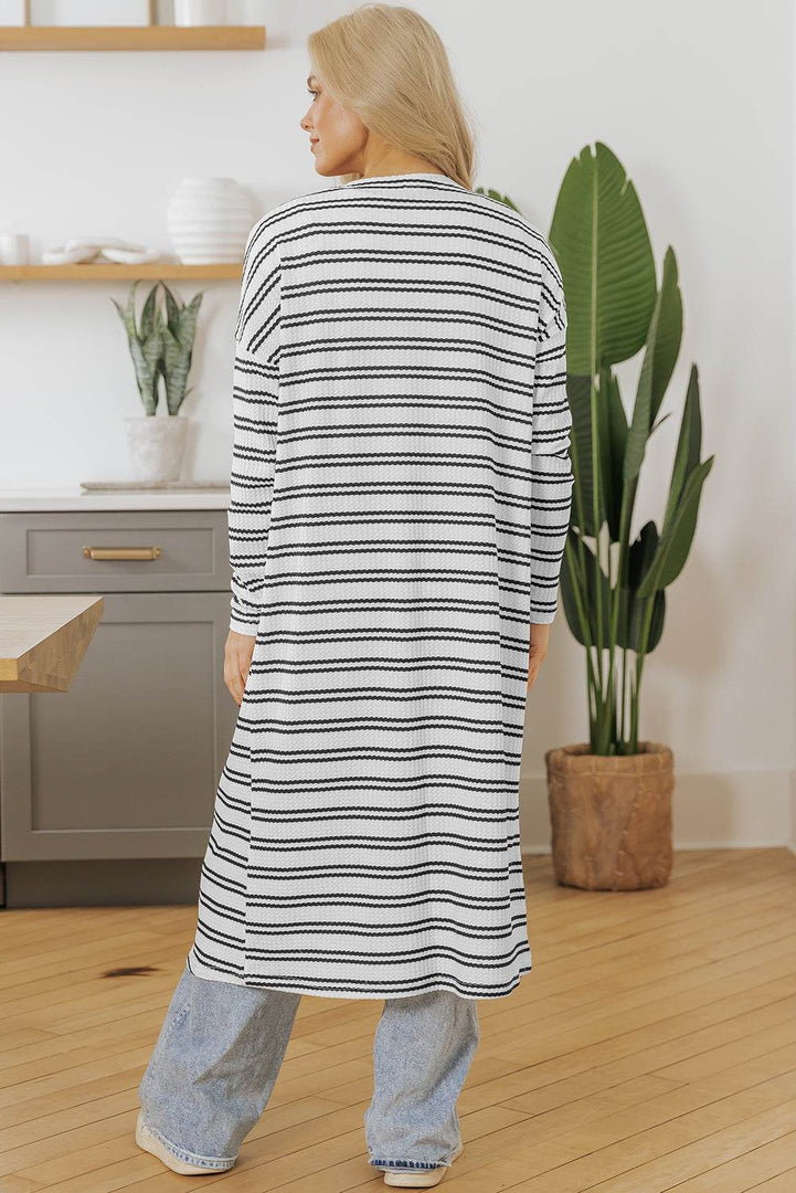 Black Stripe Print Open Front Duster Cardigan - Fashion Queen -  5