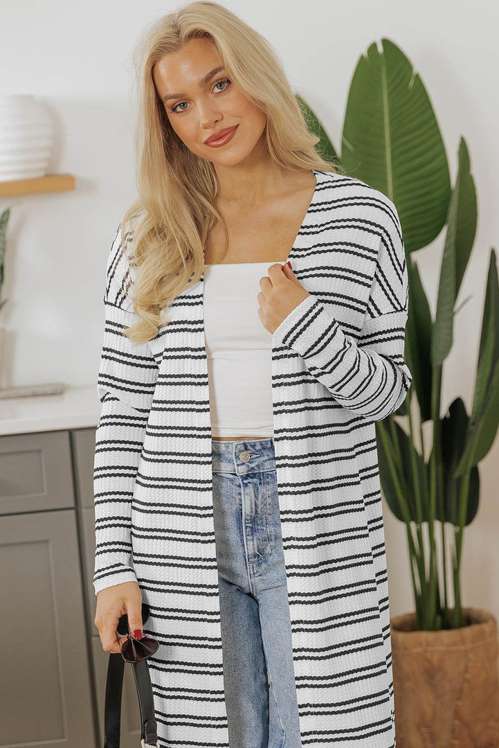 Black Stripe Print Open Front Duster Cardigan - Fashion Queen -  8