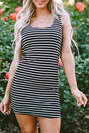 Black Stripe Ribbed Knit Sleeveless Mini Dress - Fashion Queen -  1