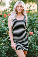 Load image into Gallery viewer, Black Stripe Ribbed Knit Sleeveless Mini Dress - Fashion Queen -  3
