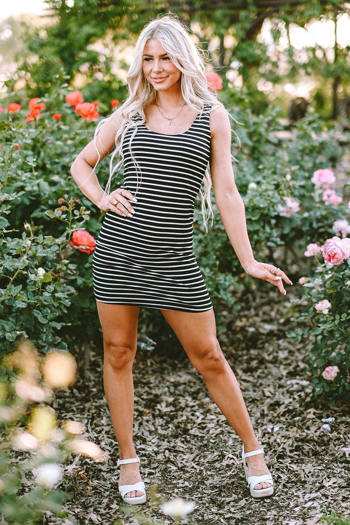 Black Stripe Ribbed Knit Sleeveless Mini Dress - Fashion Queen -  6