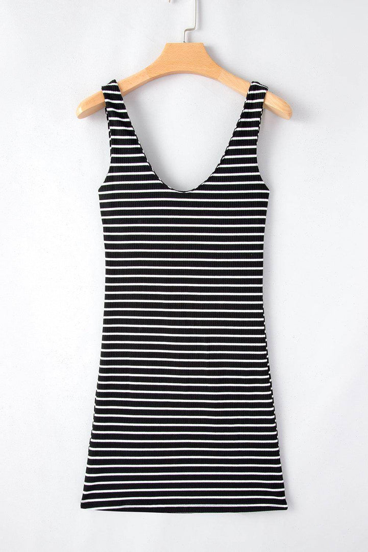 Black Stripe Ribbed Knit Sleeveless Mini Dress - Fashion Queen -  8