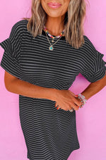 Load image into Gallery viewer, Black Stripe Ruffled Short Sleeve Crew Neck T Shirt Shift Mini Dress - Fashion Queen -  1
