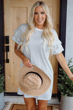 Load image into Gallery viewer, Black Stripe Ruffled Short Sleeve Crew Neck T Shirt Shift Mini Dress - Fashion Queen -  10
