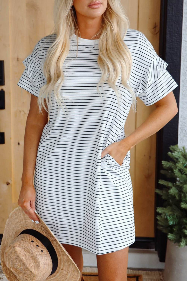 Black Stripe Ruffled Short Sleeve Crew Neck T Shirt Shift Mini Dress - Fashion Queen -  13