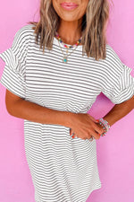 Load image into Gallery viewer, Black Stripe Ruffled Short Sleeve Crew Neck T Shirt Shift Mini Dress - Fashion Queen -  14
