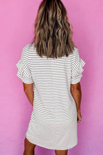 Load image into Gallery viewer, Black Stripe Ruffled Short Sleeve Crew Neck T Shirt Shift Mini Dress - Fashion Queen -  15
