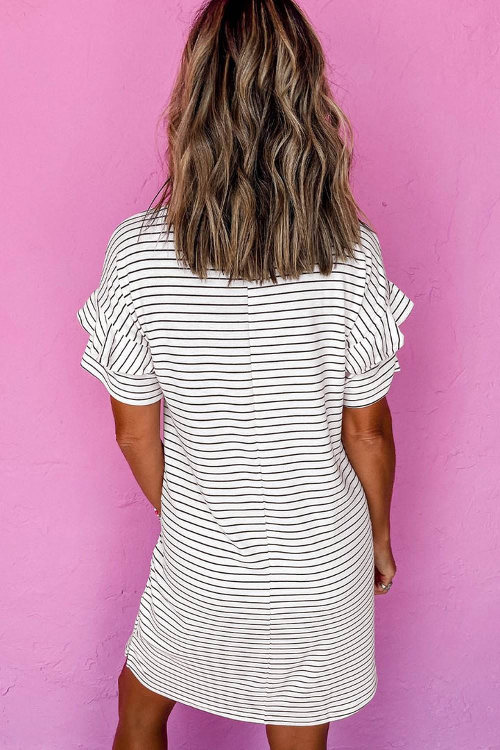 Black Stripe Ruffled Short Sleeve Crew Neck T Shirt Shift Mini Dress - Fashion Queen -  15