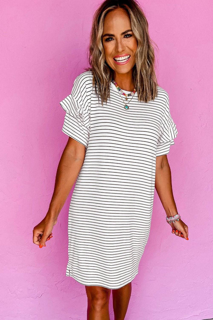 Black Stripe Ruffled Short Sleeve Crew Neck T Shirt Shift Mini Dress - Fashion Queen -  16