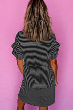 Load image into Gallery viewer, Black Stripe Ruffled Short Sleeve Crew Neck T Shirt Shift Mini Dress - Fashion Queen -  2
