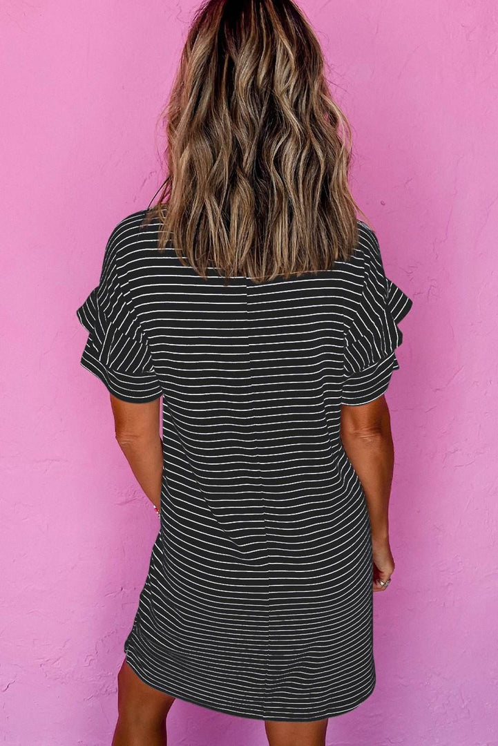 Black Stripe Ruffled Short Sleeve Crew Neck T Shirt Shift Mini Dress - Fashion Queen -  2