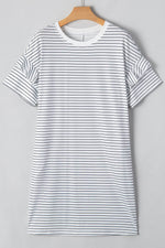 Load image into Gallery viewer, Black Stripe Ruffled Short Sleeve Crew Neck T Shirt Shift Mini Dress - Fashion Queen -  20
