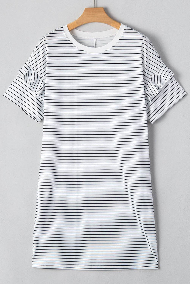 Black Stripe Ruffled Short Sleeve Crew Neck T Shirt Shift Mini Dress - Fashion Queen -  20