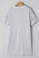 Load image into Gallery viewer, Black Stripe Ruffled Short Sleeve Crew Neck T Shirt Shift Mini Dress - Fashion Queen -  21
