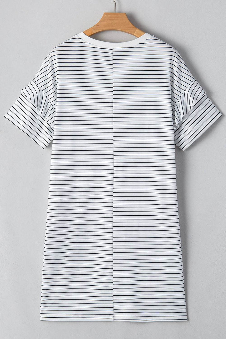 Black Stripe Ruffled Short Sleeve Crew Neck T Shirt Shift Mini Dress - Fashion Queen -  21