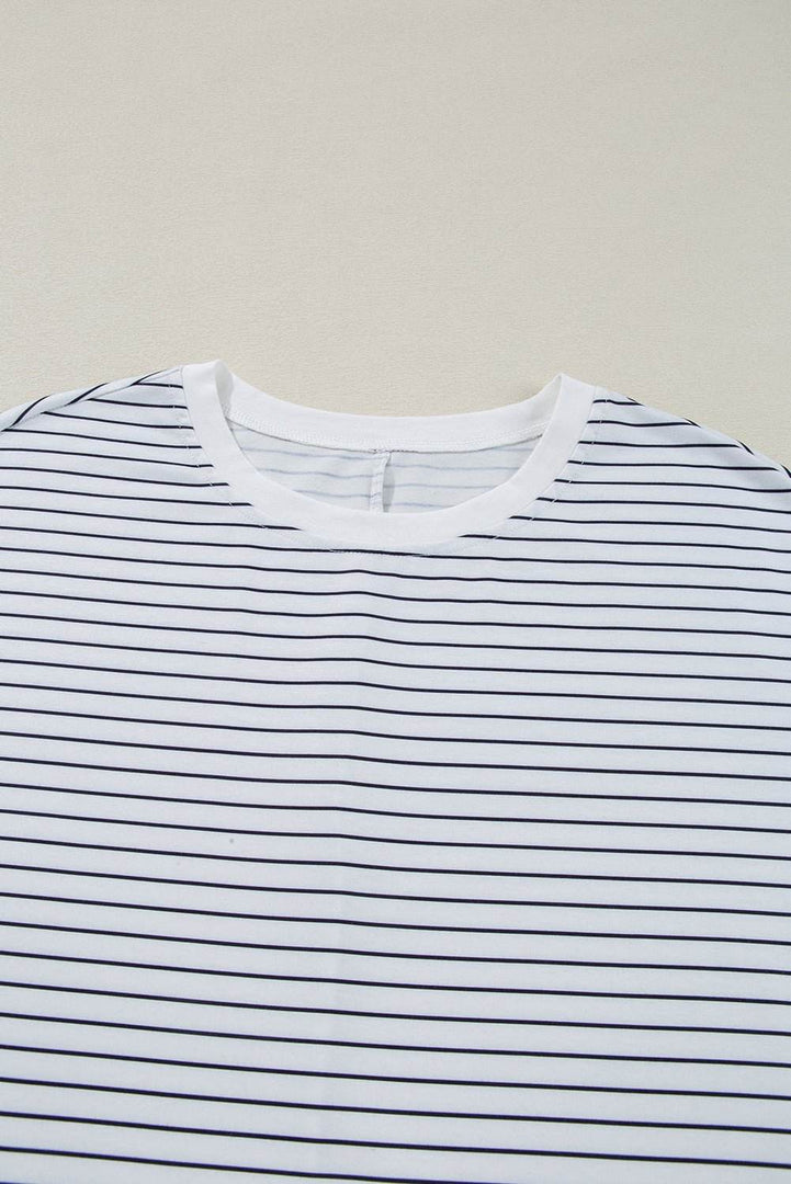 Black Stripe Ruffled Short Sleeve Crew Neck T Shirt Shift Mini Dress - Fashion Queen -  22