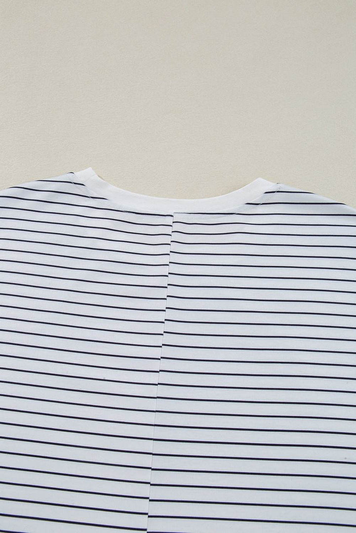Black Stripe Ruffled Short Sleeve Crew Neck T Shirt Shift Mini Dress - Fashion Queen -  23