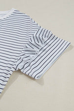 Load image into Gallery viewer, Black Stripe Ruffled Short Sleeve Crew Neck T Shirt Shift Mini Dress - Fashion Queen -  24
