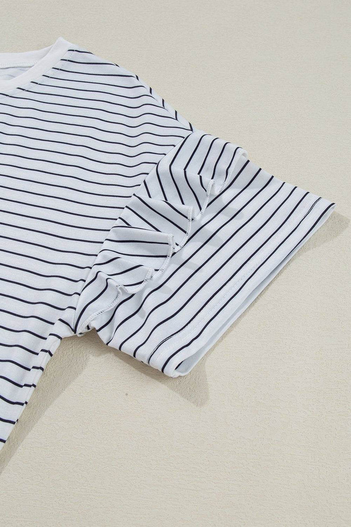 Black Stripe Ruffled Short Sleeve Crew Neck T Shirt Shift Mini Dress - Fashion Queen -  24