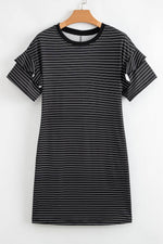Load image into Gallery viewer, Black Stripe Ruffled Short Sleeve Crew Neck T Shirt Shift Mini Dress - Fashion Queen -  28
