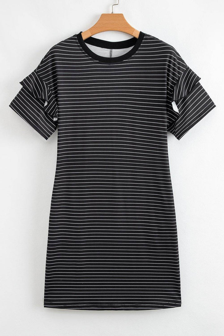 Black Stripe Ruffled Short Sleeve Crew Neck T Shirt Shift Mini Dress - Fashion Queen -  28