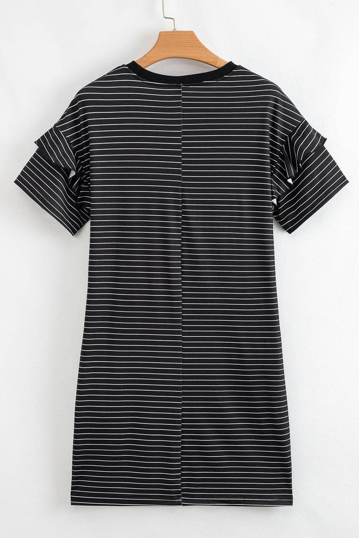 Black Stripe Ruffled Short Sleeve Crew Neck T Shirt Shift Mini Dress - Fashion Queen -  29