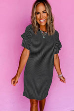 Load image into Gallery viewer, Black Stripe Ruffled Short Sleeve Crew Neck T Shirt Shift Mini Dress - Fashion Queen -  3
